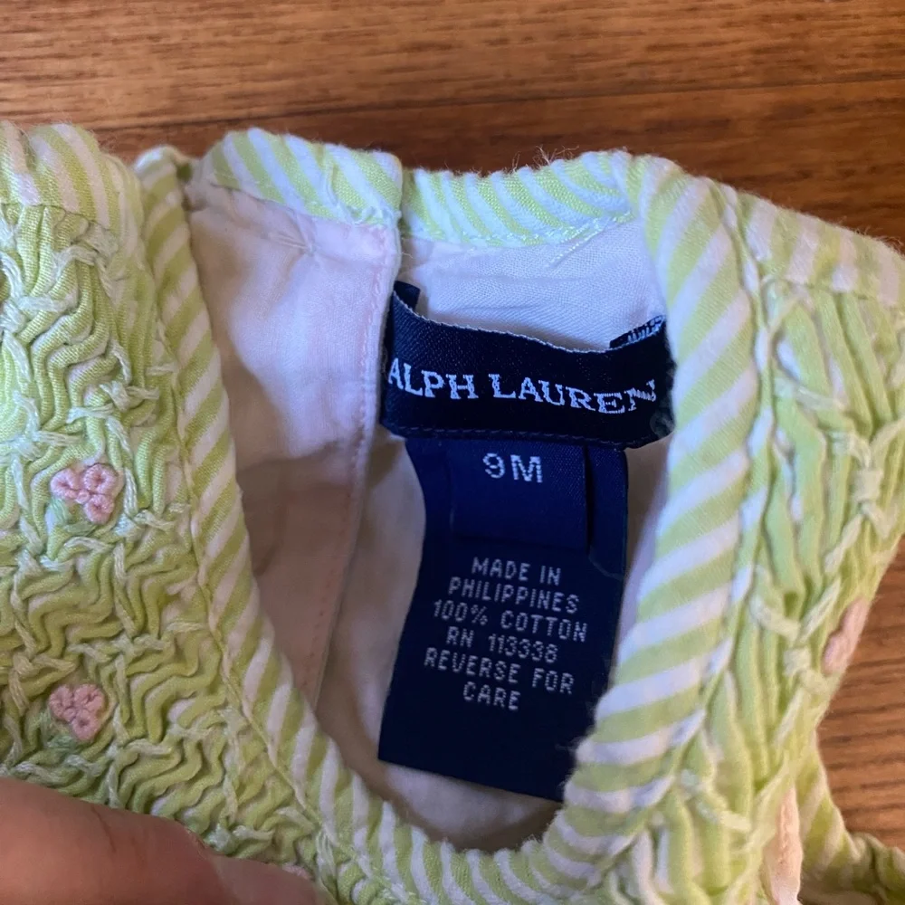 VTG Ralph Lauren Gingam Baby Girls 9 months Dress Set Seersucker Green & Pink